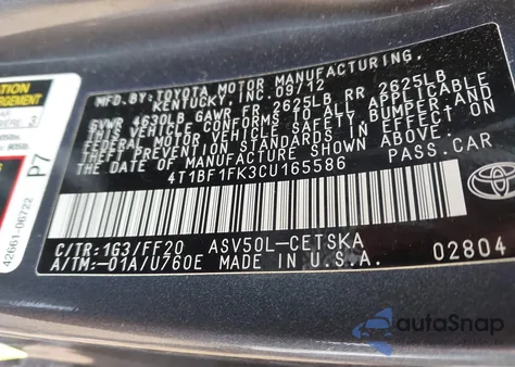 2012 Toyota Camry Se from USA, damaged, VIN 4T1BF1FK3CU165586